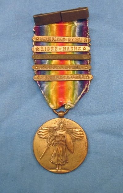 US WWI Victory Medal, 5 Clasps, Champagne-Marne, Aisne-Marne, St.Mihiel, Meuse-Argonne, Defense Sector — image 2