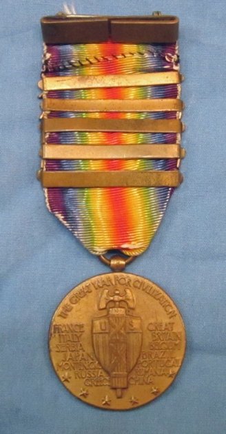 US WWI Victory Medal, 5 Clasps, Champagne-Marne, Aisne-Marne, St.Mihiel, Meuse-Argonne, Defense Sector — image 3