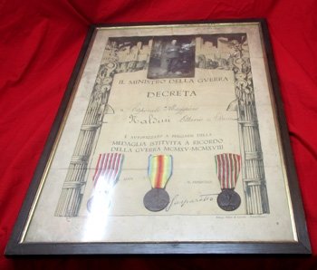 Italian WWI 3 Medal & Document & Photo Grouping, Framed — image 2