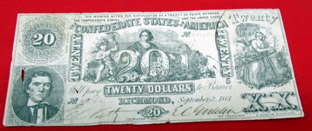  US Civil War Confederate Twenty Dollar Bill, First Series, 1861 — image 2