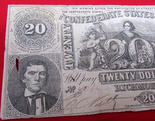  US Civil War Confederate Twenty Dollar Bill, First Series, 1861 — image 3