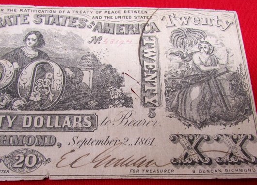  US Civil War Confederate Twenty Dollar Bill, First Series, 1861 — image 4