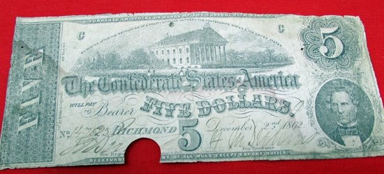  US Civil War, Confederate Five Dollar Bill, Richmond 1862, 2nd Series — image 2