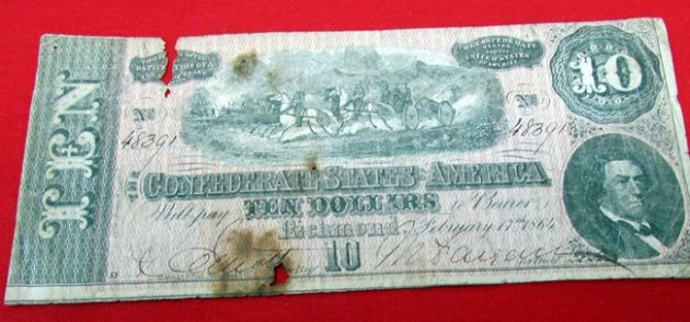  US Civil War, Confederate Ten Dollar Bill, Richmond 1864, Series 5 — image 2