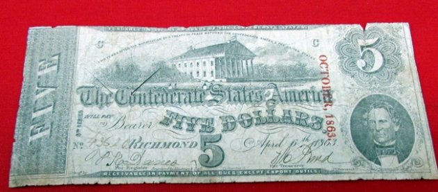  US Civil War, Confederate Five Dollar Bill, Richmond 1863, 3rd Series — image 2
