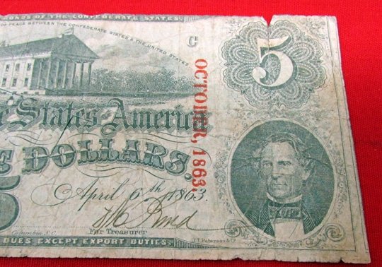  US Civil War, Confederate Five Dollar Bill, Richmond 1863, 3rd Series — image 3