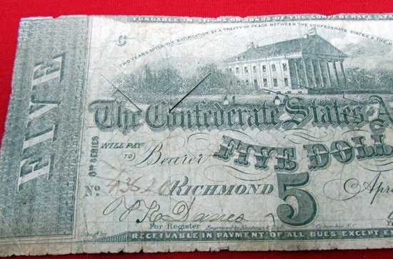  US Civil War, Confederate Five Dollar Bill, Richmond 1863, 3rd Series — image 4
