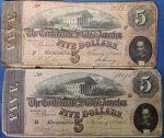 US Civil War, Two Confederate Five Dollar Notes, 1864
