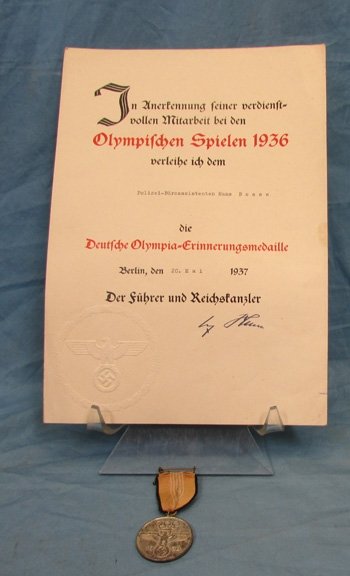  German Pre WWII 1936 Olympic Medal & Document, — image 2