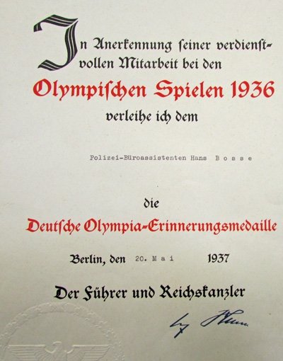  German Pre WWII 1936 Olympic Medal & Document, — image 3