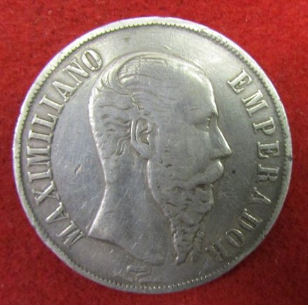  Mexican Emperor Maximilian, One Peso Silver Coin 1867 — image 2