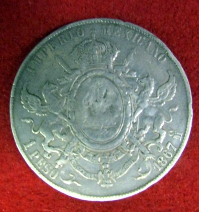  Mexican Emperor Maximilian, One Peso Silver Coin 1867 — image 3