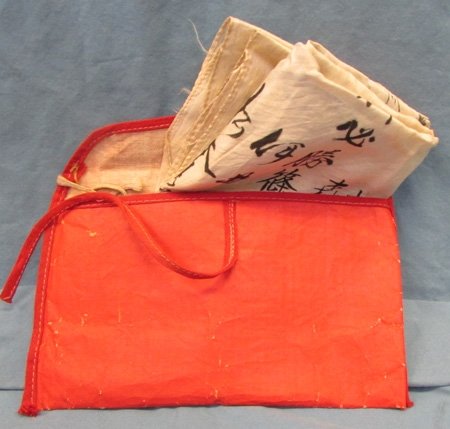  Japanese WWII Signed Silk Flag With Temple Stamps & Storage Pouch, 27 x 37 Inches — image 5
