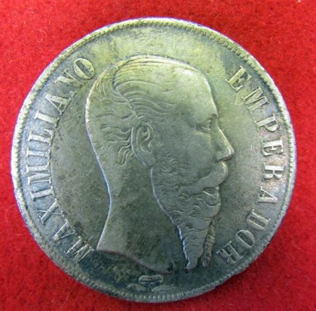  Mexican Emperor Maximilian, One Peso Silver Coin 1866 — image 2