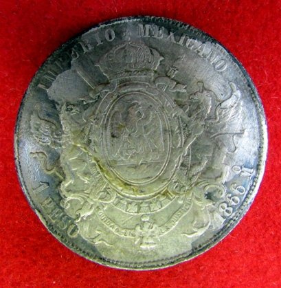  Mexican Emperor Maximilian, One Peso Silver Coin 1866 — image 3