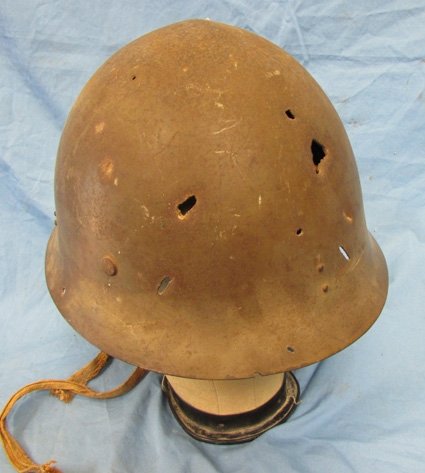  Japanese WWII Army Battle Damaged Helmet, Complete Strap, Partial Liner — image 5