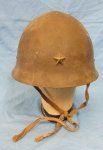 Japanese WWII Army Battle Damaged Helmet, Complete Strap, Partial Liner