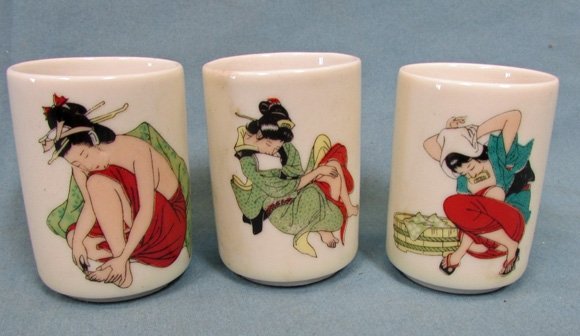  Japanese WWII Era Geisha Sake Cups, Set of Three — image 2