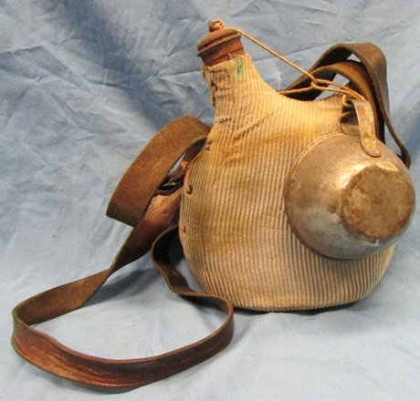  French WWI Canteen & Cup, Blue Corduroy Cover, Leather Strap — image 2