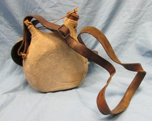  French WWI Canteen & Cup, Blue Corduroy Cover, Leather Strap — image 3