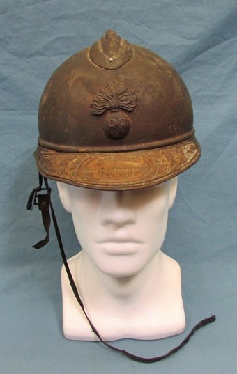  French WWI Adrian Infantry Helmet with Veterans Brass Visor Plate, Named — image 2