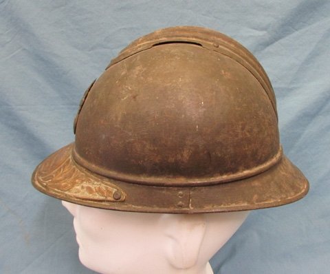 French WWI Adrian Infantry Helmet with Veterans Brass Visor Plate, Named — image 4