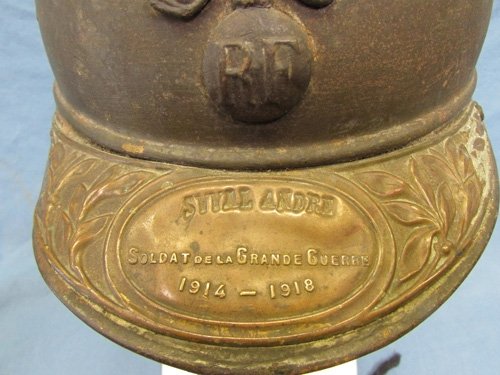  French WWI Adrian Infantry Helmet with Veterans Brass Visor Plate, Named — image 5