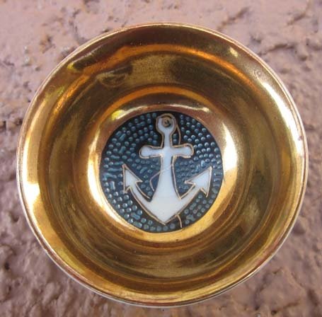 Japanese WWII Showa Era Imperial Navy Sake Cup, Blue/white Exterior, Kutani Porcelain, Anchor — image 2