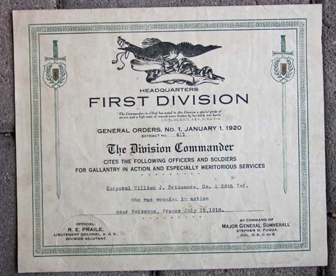 US WW1First Division Gallantry Certificate, Wounded July 19, 1918 — image 2