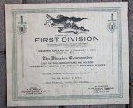 US WW1First Division Gallantry Certificate, Wounded July 19, 1918