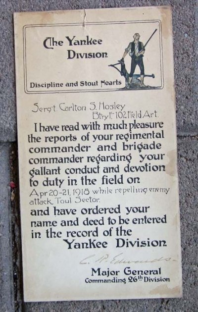 US WWI 26th Division Gallantry In Combat Certificate, 102nd Field Artillery — image 2