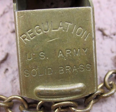US WWI Army Regulation Brass Whistle & Chain — image 3