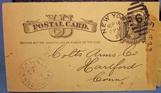 US Indian War Era, Colt Patented Firearms Co., Postcard 1884, New York City — image 3