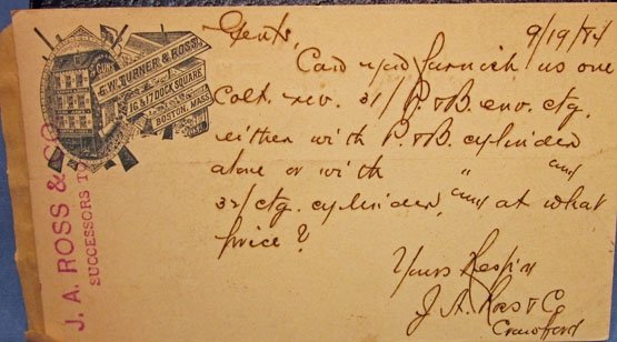 US Indian War Era, Colt Patented Firearms Co., Postcard 1884, Boston Massachusetts — image 2