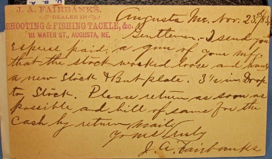 US Indian War Era, Colt Patented Firearms Co., Postcard 1883, Augusta Maine — image 2