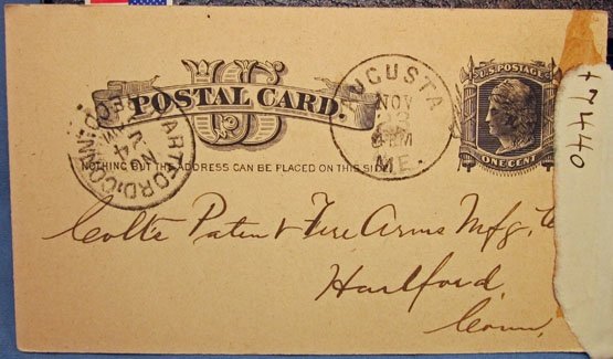 US Indian War Era, Colt Patented Firearms Co., Postcard 1883, Augusta Maine — image 3