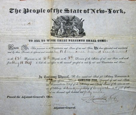 US Pre Civil War New York Militia Officer Commission Document, 1849, Hamilton Fish Signature — image 2