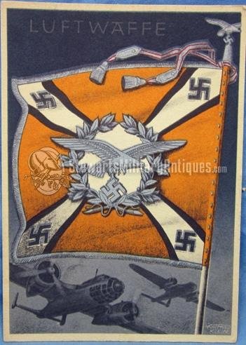 German WWII Patriotic Postcard, Gottfried Klein Flag Series, Luftwaffe Flieger Standarte, Bomber Units — image 2