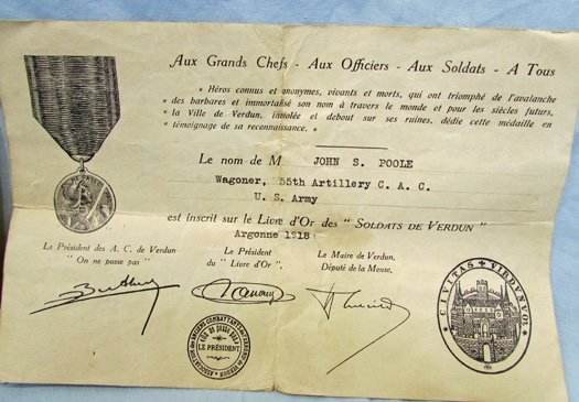  US WWI 55th CAC Medal Grouping, 4 Clasp Victory, French Verdun Medal & Docs — image 6