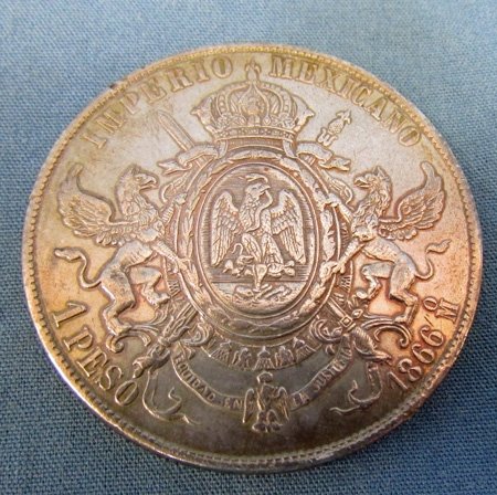  Mexican Emperor Maximilian One Peso Silver Coin, 1866 — image 3