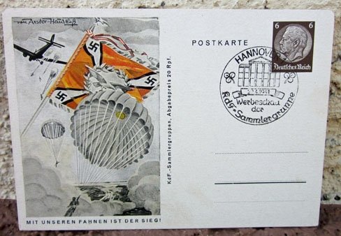 German WWII Postcard, Mit Unseren Fahnen ist der Sieg! Fallschirmjager, Hitler's B'day 1941 Cancel — image 2