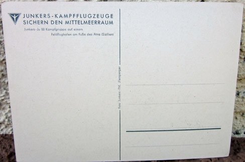 German WWII Junkers Postcard, Ju88 Mt Aetna Sicily — image 3