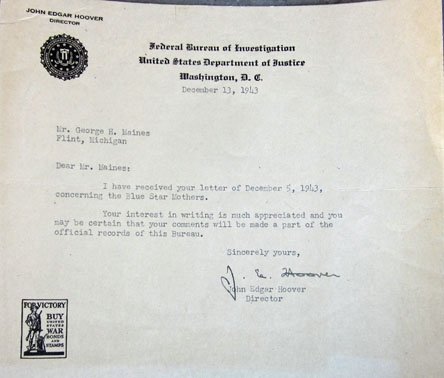 US WWII FBI Director, J.Edgar Hoover Signed Letter, FBI Letterhead, December 1943, Blue Star Mothers — image 2