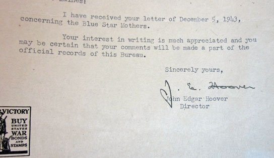 US WWII FBI Director, J.Edgar Hoover Signed Letter, FBI Letterhead, December 1943, Blue Star Mothers — image 3