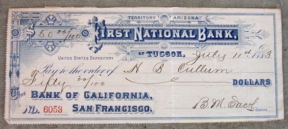 US Territory of Arizona Bank Check, 1st National Bank, Tucson 1883 — image 2