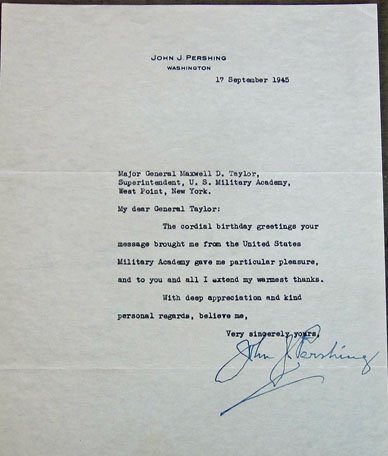 US WWII, General John 'Black Jack' Pershing 85th Birthday Signed Letter To General Maxwell D. Taylor, West Point 1945 — image 2