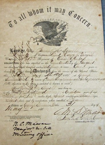 US Civil War Union Soldiers Discharge, Scottish Born, Ohio Soldier, 177th Infantry Rgt. — image 2