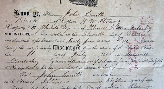 US Civil War Union Soldiers Discharge, Illinois Soldier, 30th Infantry Rgt — image 3