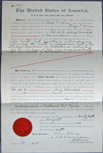 US Oklahoma Territory Comanche Indian Land Grant 1901 — image 2