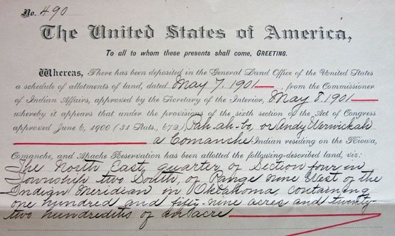 US Oklahoma Territory Comanche Indian Land Grant 1901 — image 3